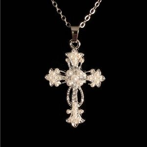 Victorian Silver and White Cross Necklace with Pearl Design